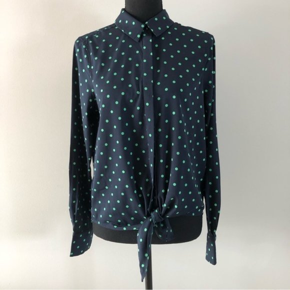 Womens Vero Moda Nicky Navy Green Polka Dot Tie front button up blouse size S - Picture 1 of 11